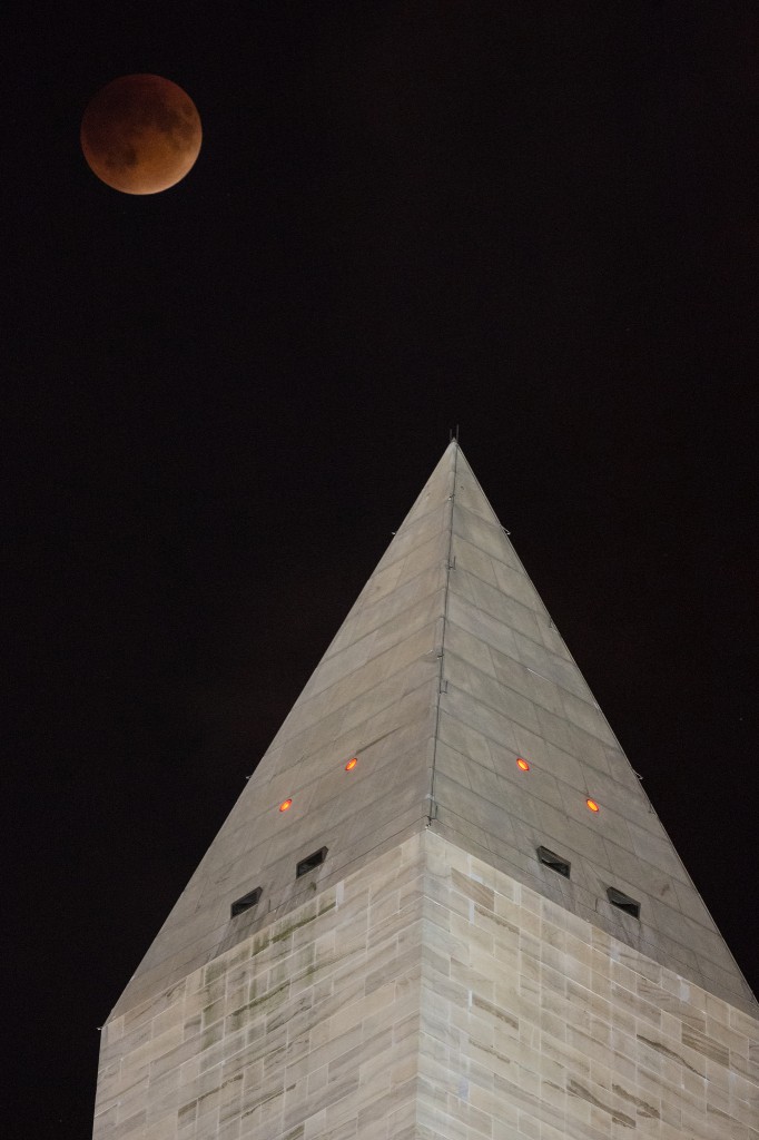 NASA photographer Aubrey Gemignani captured this stunning view of the perigee moon lunar eclipse over the Washington Monument in Washington, D.C.